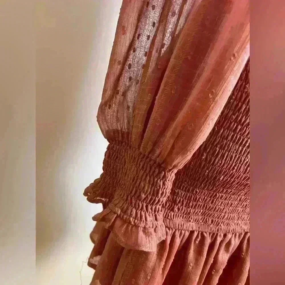 Storia Women's Shift Dress Smocked Pink Floral Long Sheer Sleeve S - Picture 6 of 12